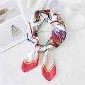 Silk-like square scarf with red and blue abstract geometric prints on white background - Horse Gear Peach