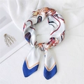 Elegant silk scarf with blue horse equestrian patterns and orange border in a stylish knot - Horse Gear Navy Blue