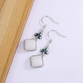 Lotus flower Hetian jade enamel gradient drop earrings with vintage silver hooks - White Gold