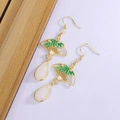Chinese vintage gold fan-shaped drop earrings with green bamboo leaves and white tassels - Gold (XP74)