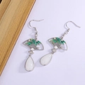 New Chinese-style fan earrings with green bamboo leaves and white teardrop tassel pendants - White Gold (XP74)