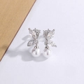 Elegant silver butterfly earrings with marquise zircon wings and round pearl drops - Butterfly Pearl Style (A263)