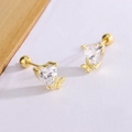 Golden heart-shaped stud earrings with zircons and butterfly accents, screw back design - Gold