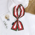 Foulard étroit style français à rayures rouges, blanches et vertes avec motifs floraux - Floral Vintage Vert Orange (CPD0059)