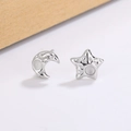 Asymmetric star and moon stud earrings with vintage hammered texture and opal stone - Silver Asymmetric Star Moon (XP99)