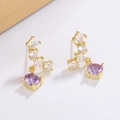 Elegant gold earrings with purple and clear zircon stones in a geometric drop design - Gold (XP103)