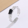 Lava texture open ring with rectangular black zircon in a minimalist silver finish - Lava Texture Black Rectangular Stone Style (XP37)