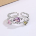 Silver double-layer ring with colorful zircon stones and irregular hammered texture - Multicolor Gemstone Silver Style (X43)
