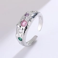 Anillo abierto de plata martillada con circonitas de colores verticales - Estilo Plateado con Circonita Multicolor Martillada (X51)