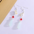 Vintage Chinese tassel earrings with plum blossom, red beads and jade water drop pendant - Chinese Plum Blossom Tassel Teardrop Style (XP118)