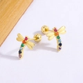 Rainbow dragonfly earring studs with colorful zircons on a white textured background - Gold Color (C382)
