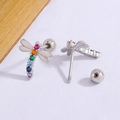 Rainbow cubic zirconia dragonfly stud earring with white enamel wings and screw back - Platinum Color (C382)