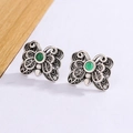 Vintage Thai silver butterfly earrings with green agate stone and hollow filigree design - Vintage Butterfly Green Agate Style (C384)