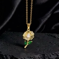 Collar de girasol bañado en oro con perla blanca, circonitas y hojas verdes fino - Estilo Dorado Girasol Perla (D)
