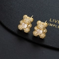 Chic gold teddy bear stud earrings with sparkling pavé crystals and heart-shaped stone - Gold Base White Heart (A)