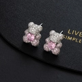 Sparkling teddy bear stud earrings with pink heart gemstone on black leather texture - Silver Base Pink Heart (D)
