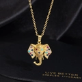 Luxury gold elephant pendant necklace with colorful zircons and classic cross chain - Gold Multi-color Stone Style (A)
