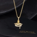 Golden graduation cap necklace with custom name and yellow gemstone on black silk - Doctoral Cap 2020 Name Personalized Style (L)