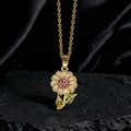 Exquisito collar de girasol dorado con circonitas vibrantes y una cadena delicada - Estilo Dorado Girasol Corazón Rojo (S1)