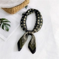 Olive green silk square scarf with geometric blue patterns and white paisley details - Paisley Green Grid