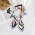 70cm square silk scarf with floral and geometric print in pink and navy blue - Leaf Geometric Grey Edge