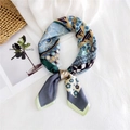 Silk feel square scarf with multi-color floral patterns tied in a stylish neck bow - Picking Flower Boat Green Grey