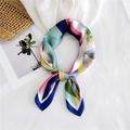 Silk-like square scarf featuring geometric color blocks and green leaf prints - Leaf Geometric Navy Edge