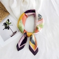 Silk-textured square scarf with abstract leaf prints in purple, orange, and green colors - Leaf Geometric Purple Edge
