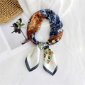 Retro multi-color floral print silk scarf with navy blue and brown vintage patterns - Picking Flower Boat Orange Beige