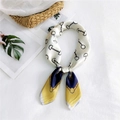 Elegant white silk scarf with navy and yellow color blocking and horsebit pattern - Yellow Horsebit