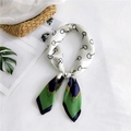 Elegant silk scarf with green and blue color blocking and equestrian horse stirrup prints - Green Horsebit