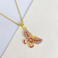 Golden butterfly necklace pendant with purple and red colorful zircons on a thin chain - Red Purple Butterfly Style (R)