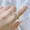 Adjustable golden ring with rectangular zircon stones and vintage beaded edge finish - Transparent Baguette Cut Style