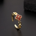 Gold plated open ring featuring red zircon four-leaf clover and geometric chain design - Adjustable Open / Gold with Red Zirconia (A)