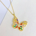 Gold butterfly necklace with vibrant multi-colored baguette zirconia stones on a fine chain - Step Cut Multicolor Butterfly Style (H)