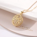 Golden Tree of Life necklace with micro-pave white zircon stones and hollow circular pendant - Round White Zircon Small Pendant (R)