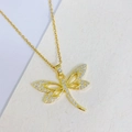Elegant gold butterfly pendant necklace with white zircon pavé and delicate link chain - White Zirconia Dragonfly Style (I)