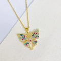 Gold butterfly pendant necklace with colorful rhinestones and slender chain link - Full Pave Multicolor Butterfly Style (K)