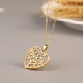 Golden heart-shaped Tree of Life necklace featuring pavé micro-set cubic zirconia stones - Heart Hollow Classic White Zircon Tree (M)
