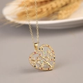 Golden heart Tree of Life necklace with colorful zircon inlay and hollow palm design - Heart Colorful Center Micro-set Style (J)