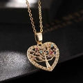 Golden heart Tree of Life necklace with colorful zircon micro-inlay and a fine gold chain - Heart Multi-color Zircon Border Style (G)