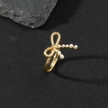 Adjustable golden bow ring featuring white pearls and shimmering cubic zirconia stones - Bowknot Zircon Pearl Style (T)
