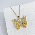 Golden butterfly necklace pendant with pavé white zircons on a white stone block - White Hollow Butterfly Necklace (F)