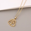 Golden heart-shaped Tree of Life necklace with sparkling white cubic zirconia inlay - Heart White Zircon Center Style (K)