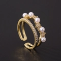 Detail of double-layered gold ring with five pearls and micro-pave cubic zirconia accents - Double Layer 5 Pearls Zircon Style (K)