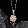 Elegant gold flower necklace with pink pearl petals and green gemstone leaves detail - Pearl Petal Pink Stone Style (J)