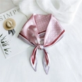 Pink silk-feel diamond scarf with white polka dots and striped borders tied in a knot - Polka Dot Gray Edge