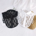 Lace faux collar set in black and white featuring delicate floral embroidery and buttons - Black Lace Round Collar