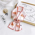 Pink narrow floral twilly silk scarf with orange pumpkin pattern and plaid borders - Pumpkin Pink