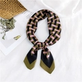 Silk square scarf featuring geometric weave patterns in pink, olive green, and black colors - Woven Pattern With Green Border / 70cm